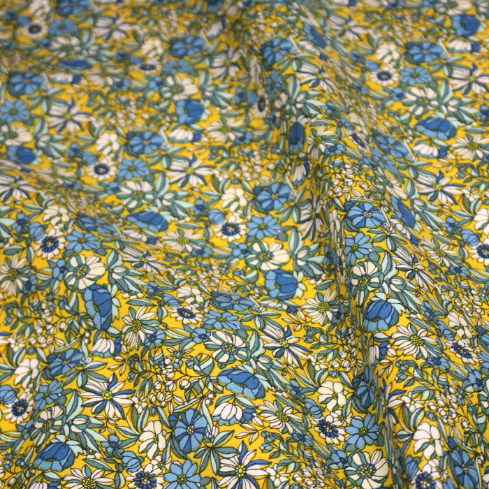 Tissu de coton VICTOIRE imprimé fleuri jaune bleu et blanc