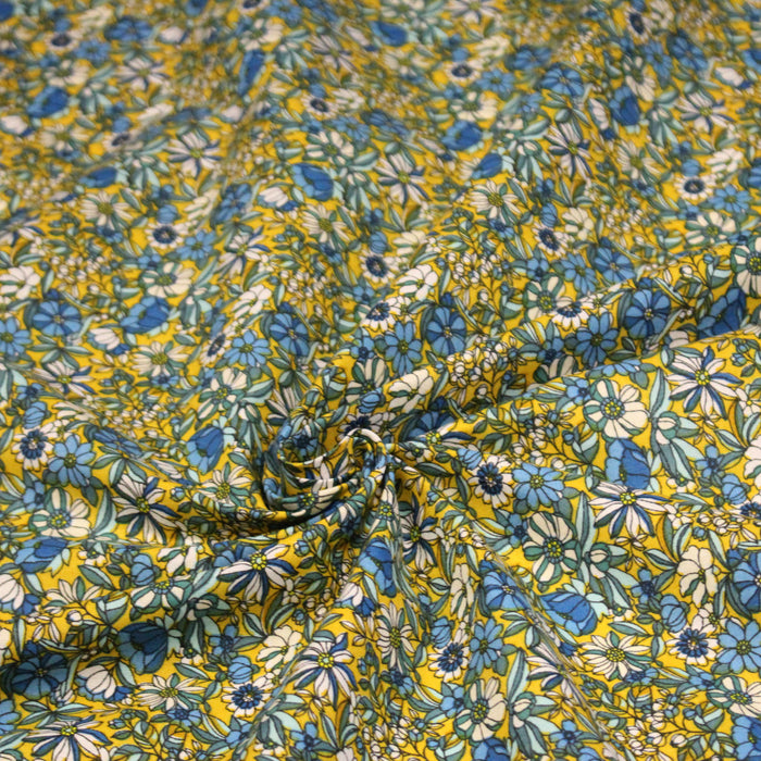 Tissu de coton VICTOIRE imprimé fleuri jaune bleu et blanc