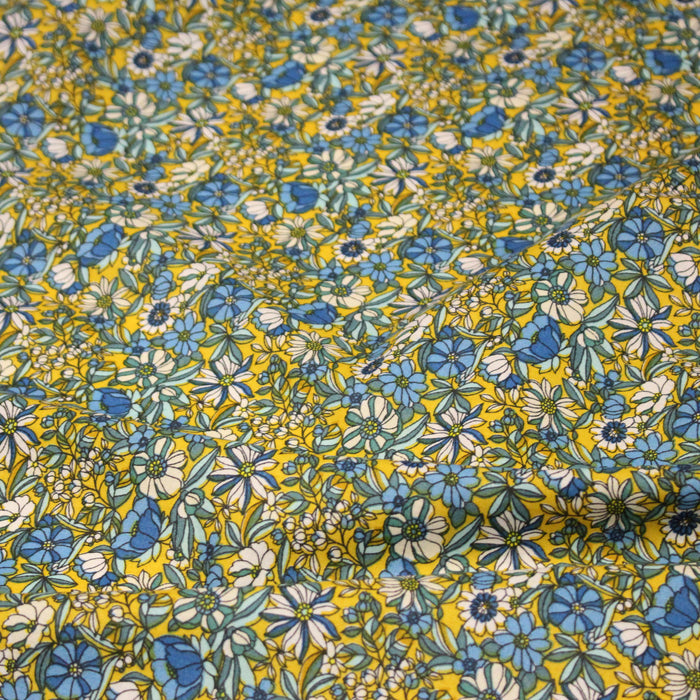 Tissu de coton VICTOIRE imprimé fleuri jaune bleu et blanc