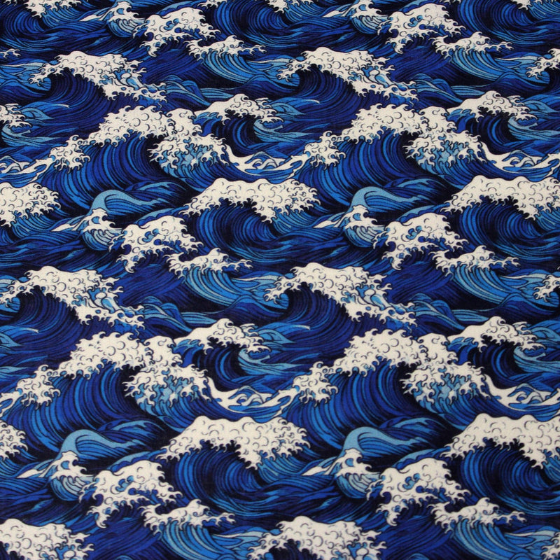 Tissu cotonnade motif japonais de la vague Kanagawa d’Hokusai, tons bleus & blancs - OEKO - TEX - TissusPapi.com