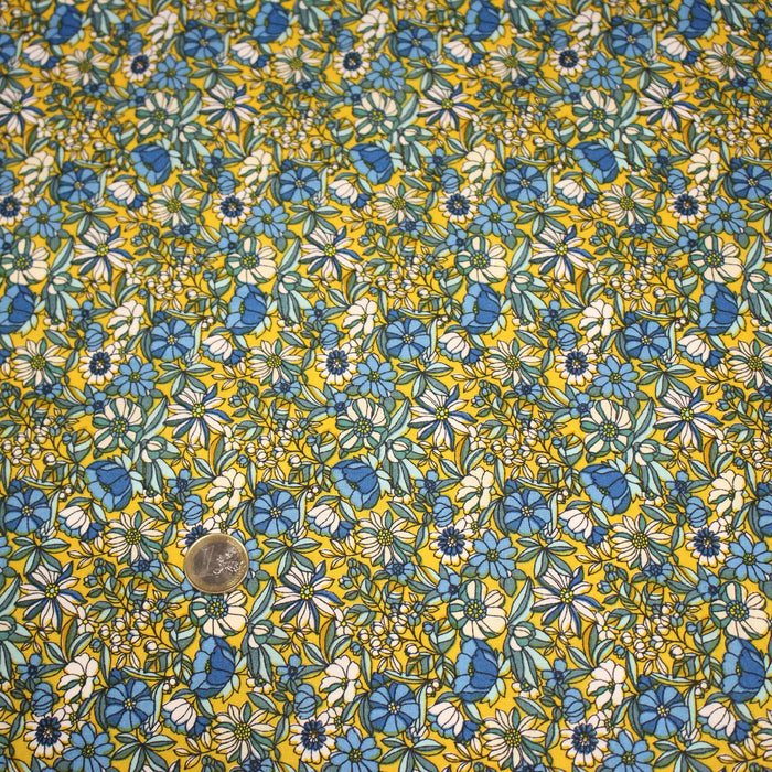 Tissu de coton VICTOIRE imprimé fleuri jaune bleu et blanc