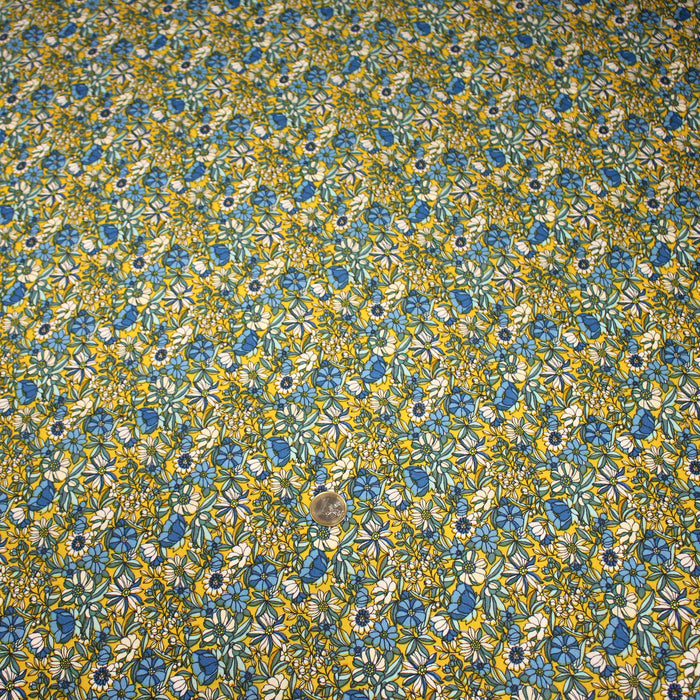 Tissu de coton VICTOIRE imprimé fleuri jaune bleu et blanc