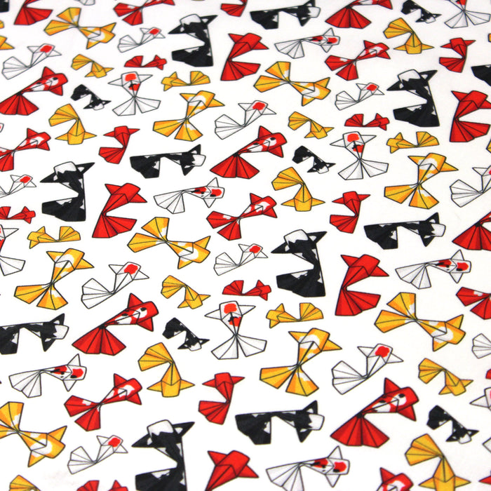 Tissu cotonnade motif japonais poissons koï origami rouge jaune et noir