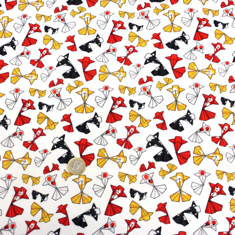 Tissu cotonnade motif japonais poissons koï origami rouge jaune et noir - OEKO - TEX - TissusPapi.com