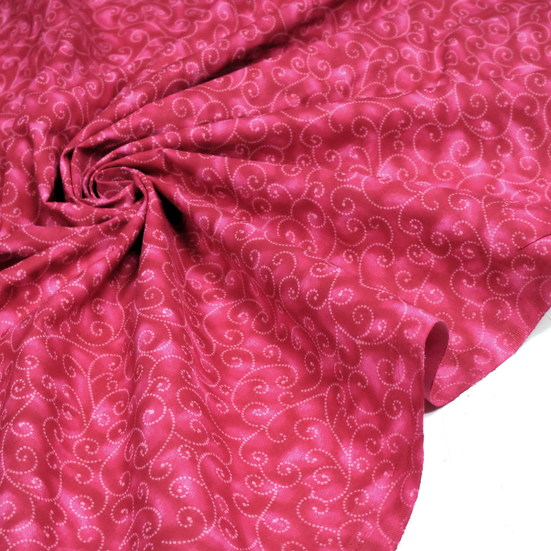 Tissu cotonnade faux-uni fuchsia aux arabesques roses, Grande largeur 280cm de large - MADE IN INDIA