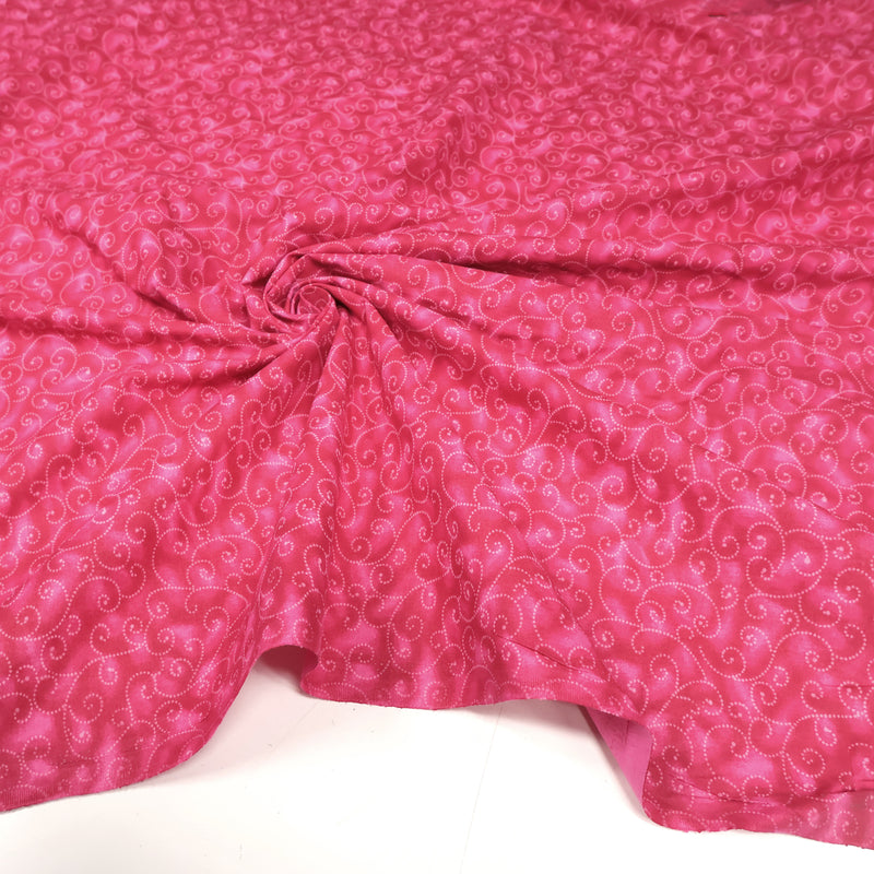 Tissu cotonnade faux-uni fuchsia aux arabesques roses, Grande largeur 280cm de large - MADE IN INDIA