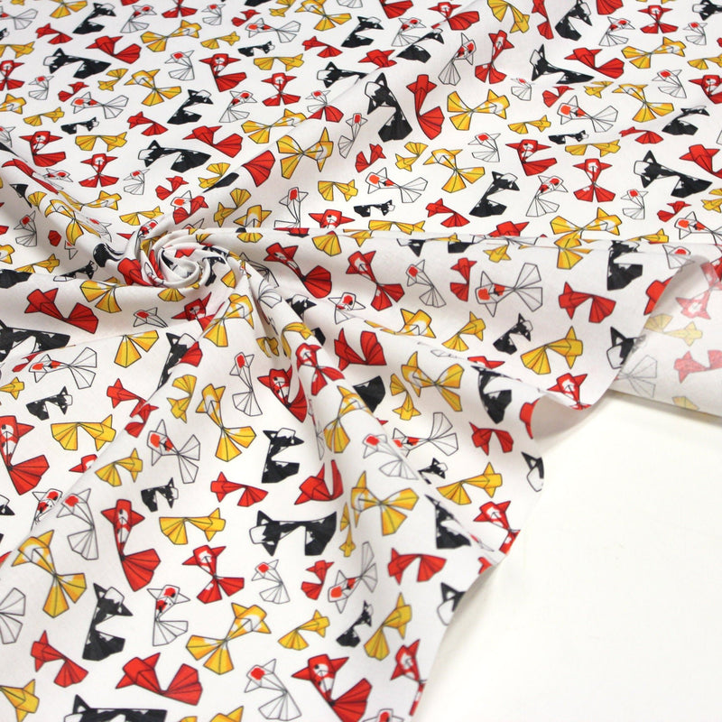 Tissu cotonnade motif japonais poissons koï origami rouge jaune et noir - OEKO - TEX - TissusPapi.com