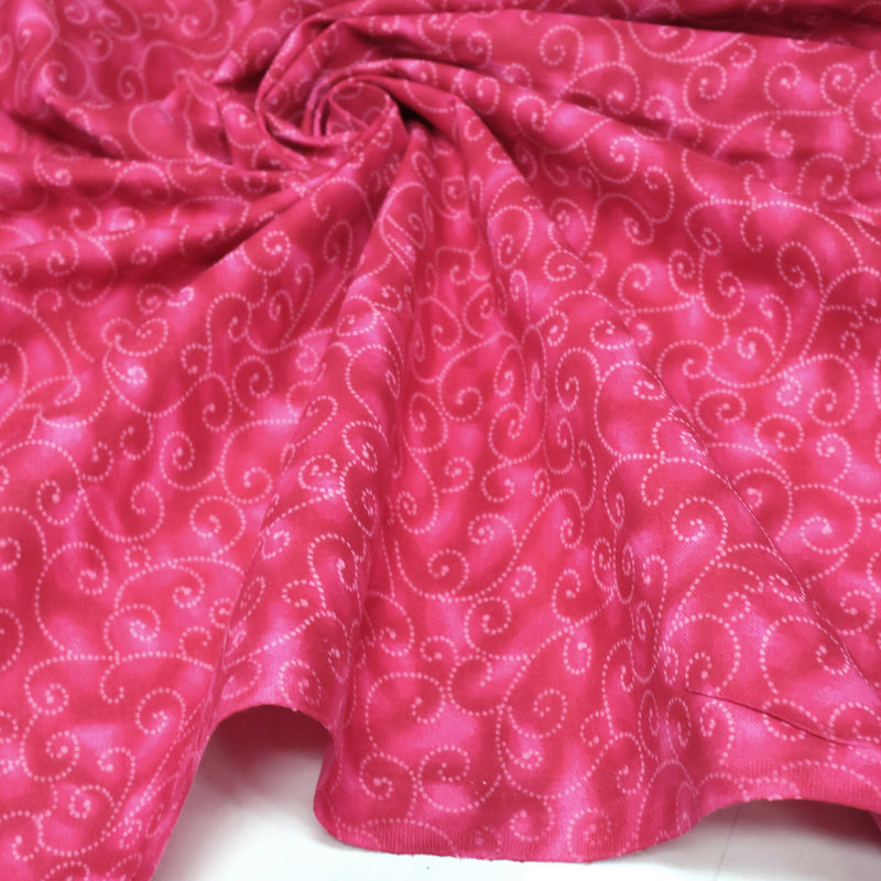 Tissu cotonnade faux-uni fuchsia aux arabesques roses, Grande largeur 280cm de large - MADE IN INDIA