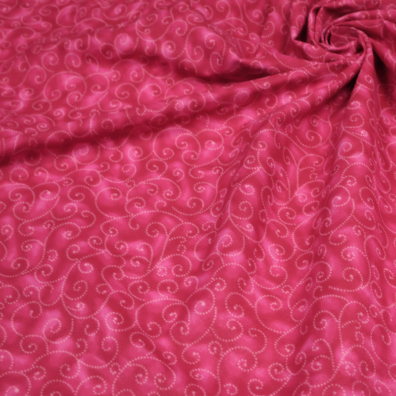 Tissu cotonnade faux-uni fuchsia aux arabesques roses, Grande largeur 280cm de large - MADE IN INDIA