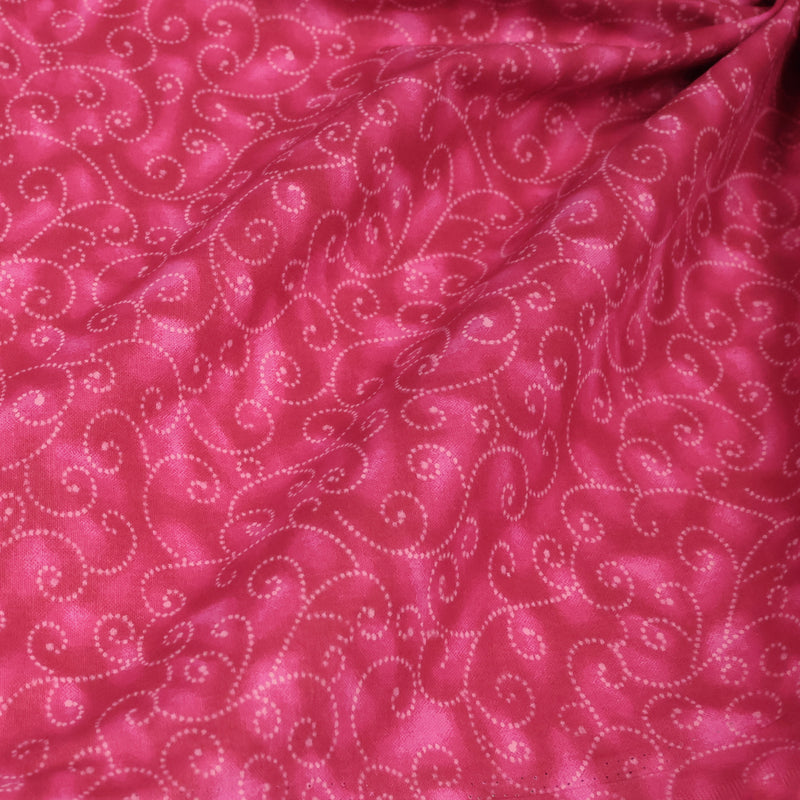 Tissu cotonnade faux-uni fuchsia aux arabesques roses, Grande largeur 280cm de large - MADE IN INDIA