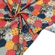Tissu cotonnade HARAJUKA, motifs japonais, tons bleus, jaunes et rouges - OEKO - TEX - TissusPapi.com