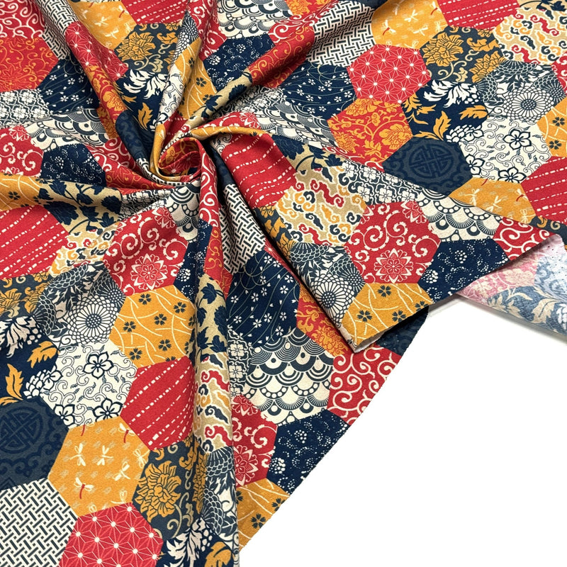 Tissu cotonnade HARAJUKA, motifs japonais, tons bleus, jaunes et rouges - OEKO - TEX - TissusPapi.com