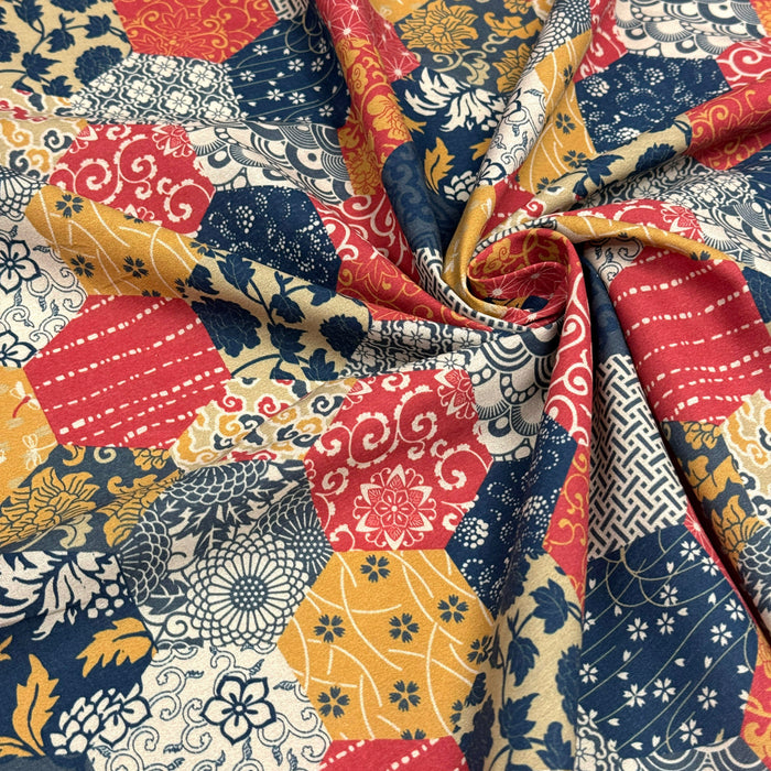 Tissu cotonnade HARAJUKA, motifs japonais, tons bleus, jaunes et rouges - OEKO-TEX