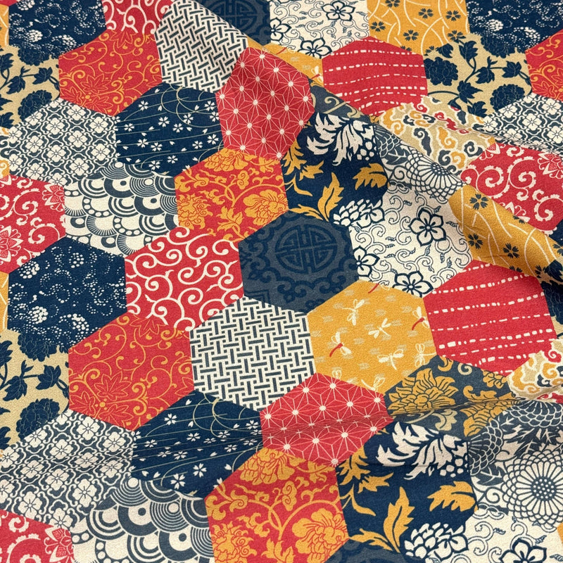 Tissu cotonnade HARAJUKA, motifs japonais, tons bleus, jaunes et rouges - OEKO - TEX - TissusPapi.com