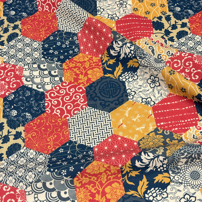 Tissu cotonnade HARAJUKA, motifs japonais, tons bleus, jaunes et rouges - OEKO-TEX