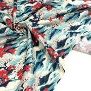 Tissu cotonnade motif japonais de la vague Hokusai & fleurs cerisiers Sakura, tons bleus & rouges - OEKO - TEX - TissusPapi.com