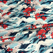 Tissu cotonnade motif japonais de la vague Hokusai & fleurs cerisiers Sakura, tons bleus & rouges - OEKO - TEX - TissusPapi.com