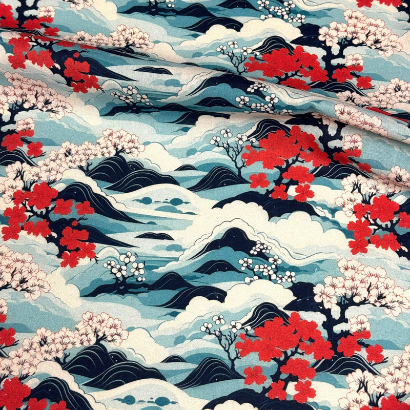 Tissu cotonnade motif japonais de la vague Hokusai & fleurs cerisiers Sakura, tons bleus & rouges - OEKO - TEX - TissusPapi.com