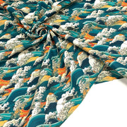 Tissu cotonnade motif japonais de la vague Kanagawa d’Hokusai, tons vert canard, oranges et blancs - OEKO - TEX - TissusPapi.com