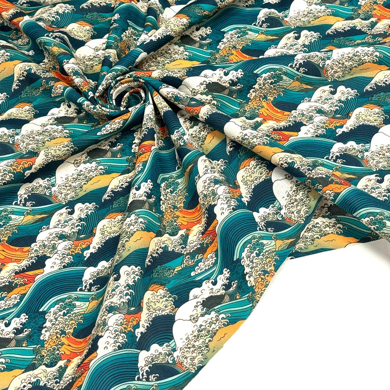 Tissu cotonnade motif japonais de la vague Kanagawa d’Hokusai, tons vert canard, oranges et blancs - OEKO - TEX - TissusPapi.com