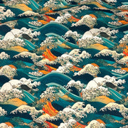 Tissu cotonnade motif japonais de la vague Kanagawa d’Hokusai, tons vert canard, oranges et blancs - OEKO - TEX - TissusPapi.com