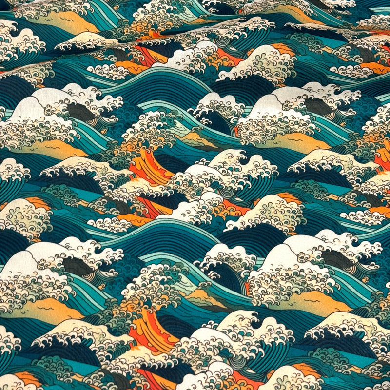 Tissu cotonnade motif japonais de la vague Kanagawa d’Hokusai, tons vert canard, oranges et blancs - OEKO - TEX - TissusPapi.com