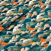 Tissu cotonnade motif japonais de la vague Kanagawa d’Hokusai, tons vert canard, oranges et blancs - OEKO - TEX - TissusPapi.com