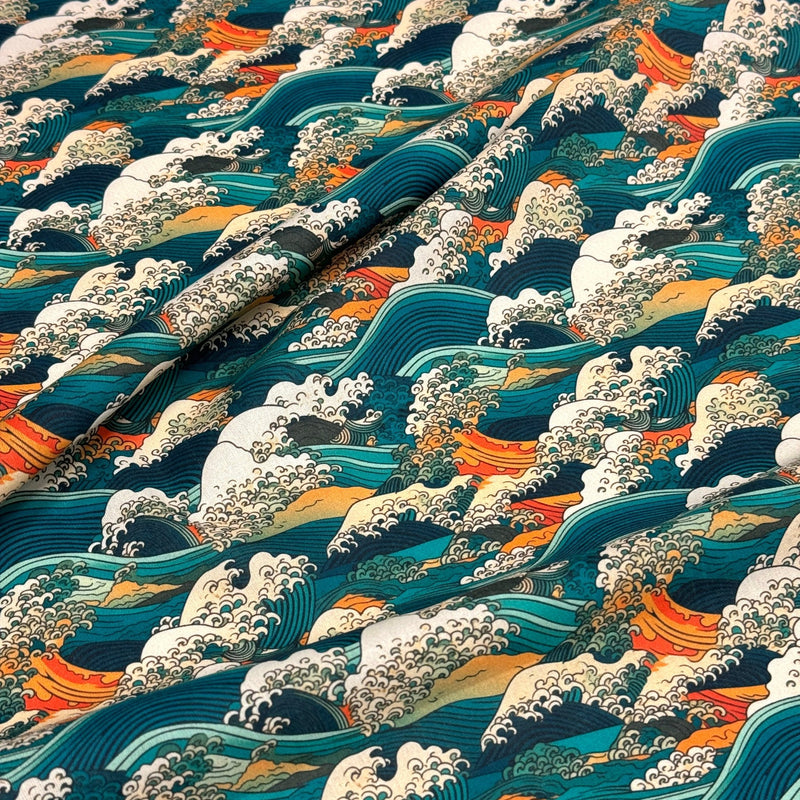 Tissu cotonnade motif japonais de la vague Kanagawa d’Hokusai, tons vert canard, oranges et blancs - OEKO - TEX - TissusPapi.com