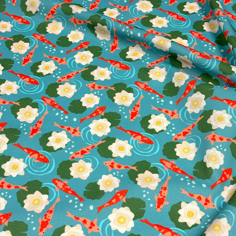 Tissu cotonnade motif japonais KOï aux poissons carpes koï & nénuphars, fond bleu d'eau - OEKO - TEX - TissusPapi.com