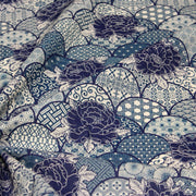 Tissu cotonnade GIMZA aux motifs japonais floraux & géométriques traditionnels, tons bleus - OEKO - TEX - TissusPapi.com