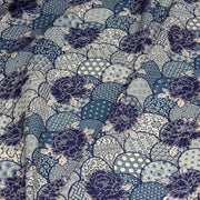 Tissu cotonnade GIMZA aux motifs japonais floraux & géométriques traditionnels, tons bleus - OEKO - TEX - TissusPapi.com