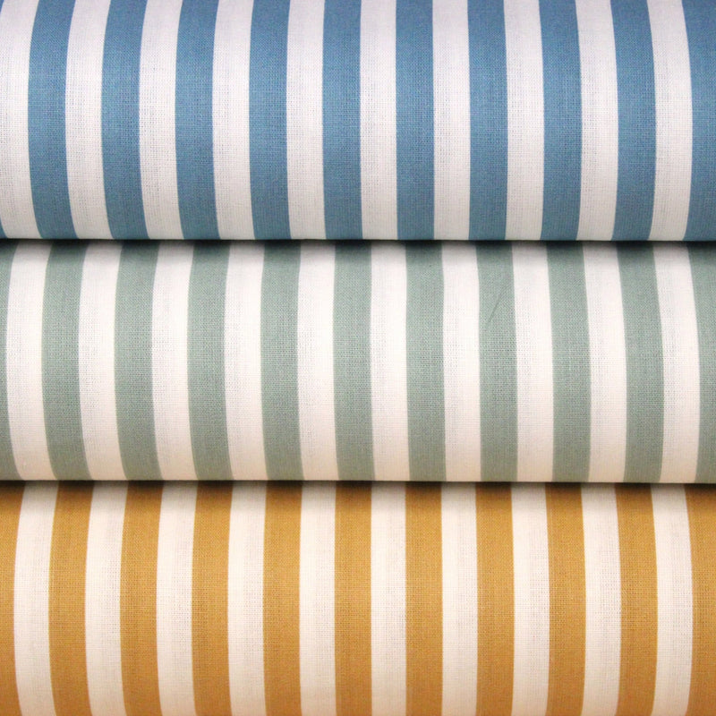 Tissu cotonnade rayée 1cm : trois couleurs au choix : Bleu / Vert sauge / Ocre - STANDARD 100 OEKO-TEX - TissusPapi.com