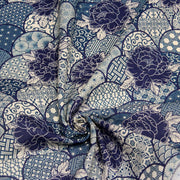 Tissu cotonnade GIMZA aux motifs japonais floraux & géométriques traditionnels, tons bleus - OEKO - TEX - TissusPapi.com