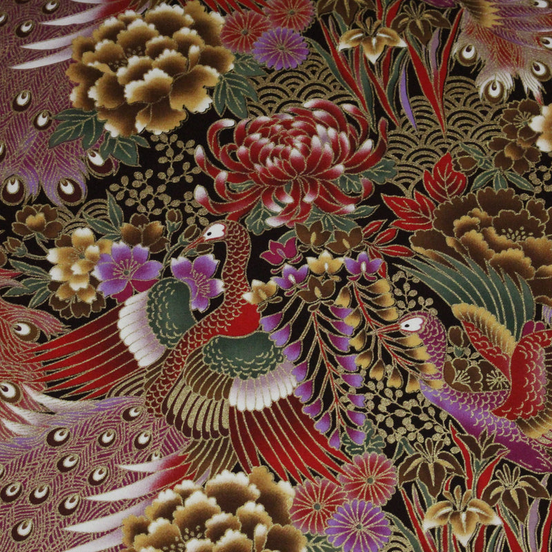 Tissu coton motif japonais aux paons dorés, tons bleus & rouges ou mauves & rouge - COLLECTION JAPON DORÉ - TissusPapi.com