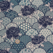 Tissu cotonnade GIMZA aux motifs japonais floraux & géométriques traditionnels, tons bleus - OEKO - TEX - TissusPapi.com
