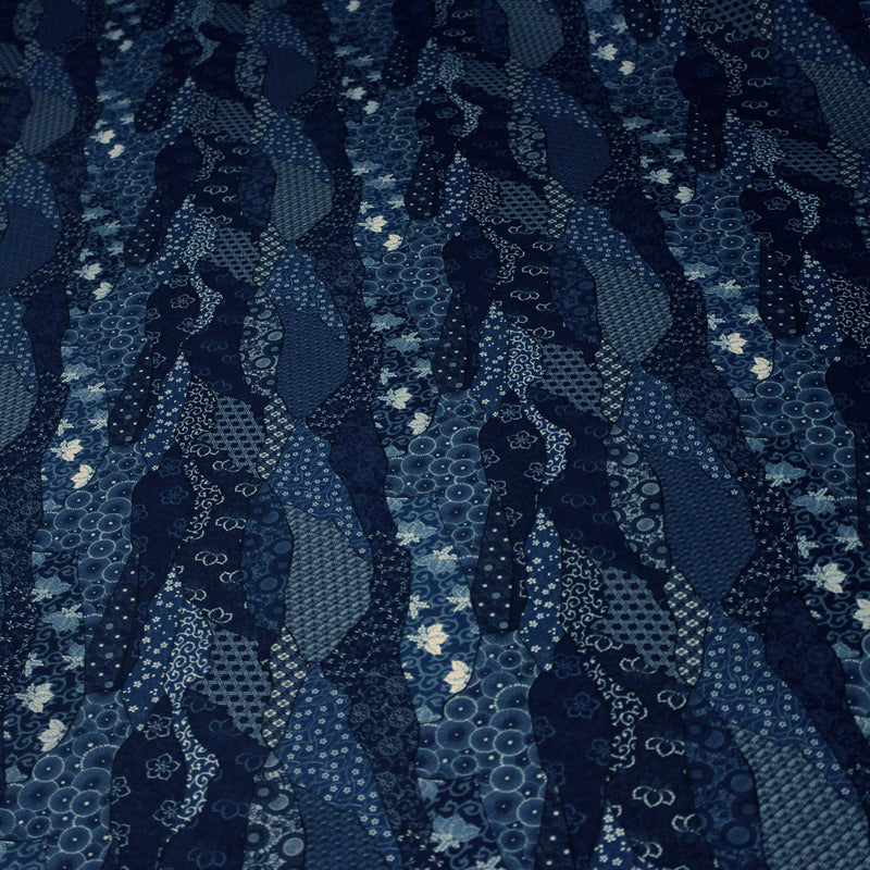 Tissu SHIBUYA, motifs japonais & faux - uni bleu : cotonnade ou gabardine - OEKO - TEX - TissusPapi.com