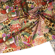 Tissu coton motif japonais aux paons dorés, tons bleus & rouges ou mauves & rouge - COLLECTION JAPON DORÉ - TissusPapi.com