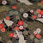 Tissu coton motif japonais TSURU aux grues dorées, chrysanthèmes & Seigaiha, fond noir - COLLECTION JAPON DORÉ - TissusPapi.com