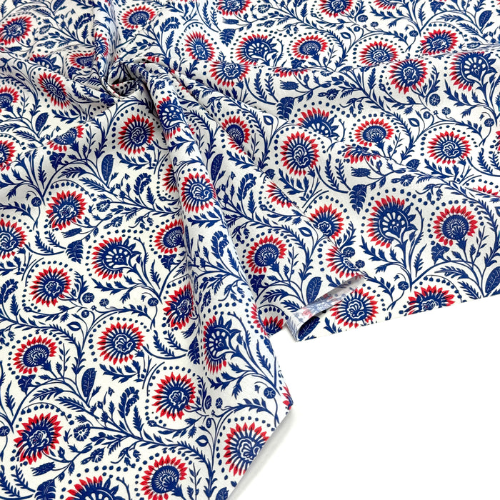 Tissu cotonnade aux fleurs bleues et rouges - COLLECTION KALAMKARI - OEKO-TEX