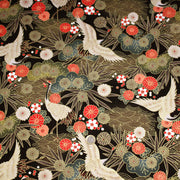 Tissu coton motif japonais TSURU aux grues dorées, chrysanthèmes & Seigaiha, fond noir - COLLECTION JAPON DORÉ - TissusPapi.com