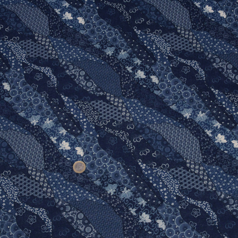 Tissu SHIBUYA, motifs japonais & faux - uni bleu : cotonnade ou gabardine - OEKO - TEX - TissusPapi.com
