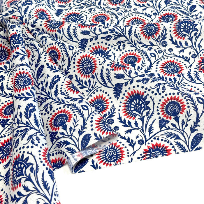 Tissu cotonnade aux fleurs bleues et rouges - COLLECTION KALAMKARI - OEKO-TEX