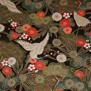 Tissu coton motif japonais TSURU aux grues dorées, chrysanthèmes & Seigaiha, fond noir - COLLECTION JAPON DORÉ - TissusPapi.com