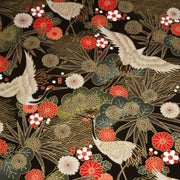 Tissu coton motif japonais TSURU aux grues dorées, chrysanthèmes & Seigaiha, fond noir - COLLECTION JAPON DORÉ - TissusPapi.com
