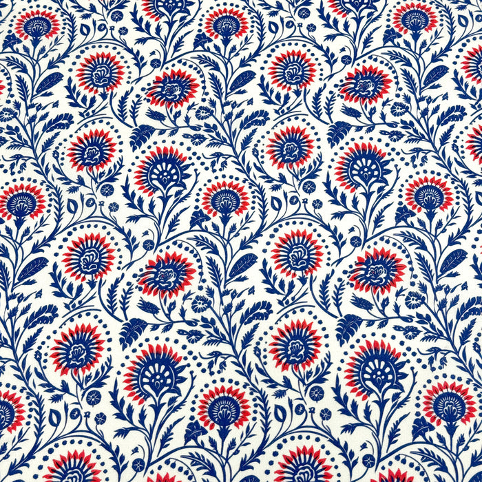 Tissu cotonnade aux fleurs bleues et rouges - COLLECTION KALAMKARI - OEKO-TEX