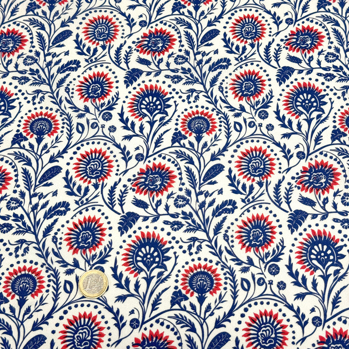 Tissu cotonnade aux fleurs bleues et rouges - COLLECTION KALAMKARI - OEKO-TEX