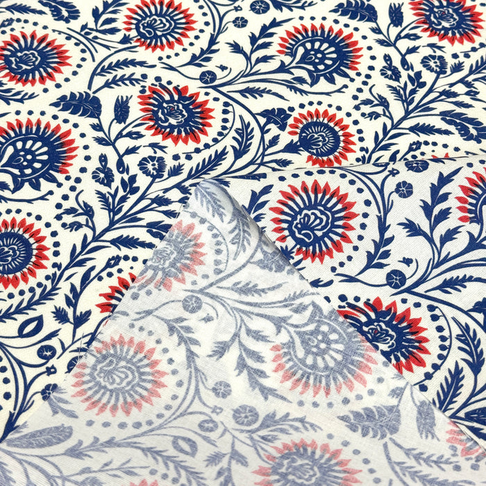 Tissu cotonnade aux fleurs bleues et rouges - COLLECTION KALAMKARI - OEKO-TEX