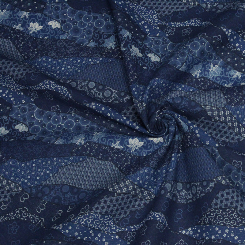 Tissu SHIBUYA, motifs japonais & faux - uni bleu : cotonnade ou gabardine - OEKO - TEX - TissusPapi.com
