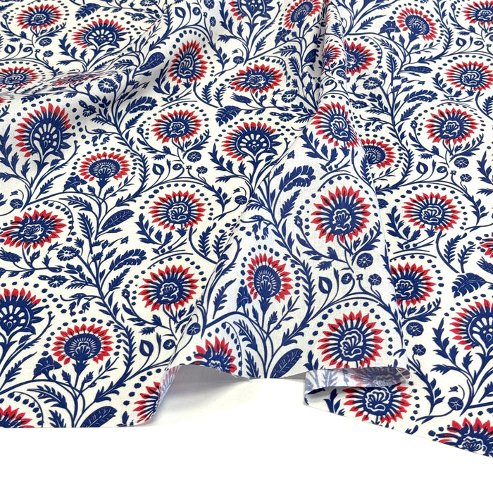 Tissu cotonnade aux fleurs bleues et rouges - COLLECTION KALAMKARI - OEKO-TEX