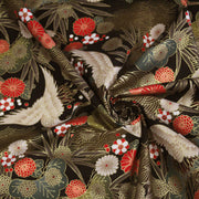 Tissu coton motif japonais TSURU aux grues dorées, chrysanthèmes & Seigaiha, fond noir - COLLECTION JAPON DORÉ - TissusPapi.com
